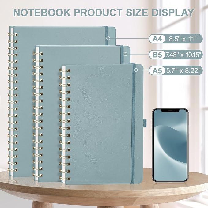 AHGXG Lined Spiral Journal Notebook, 110 Pages, A4 (8.5" x 11") | Journals for Women, Hardcover Leather Notebook College Ruled, 100 GSM Paper, for Work School Note Taking (Gray Blue)