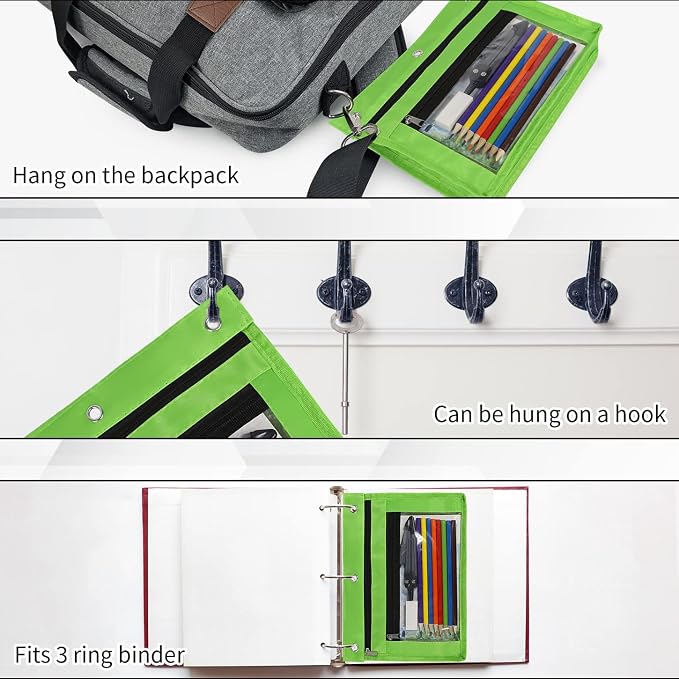 YoeeJob 2 Pack 1 Inch Expandable Zipper Pencil Pouches with Clear Window for 3 Ring Binder, Suitable for School & Office（Green）
