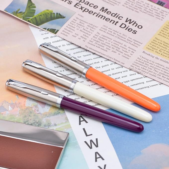 3 Jinhao 86 Fountain Pen Set (Orange, Purple and White Resin) Extra Fine Nib with Refillable Ink Converter