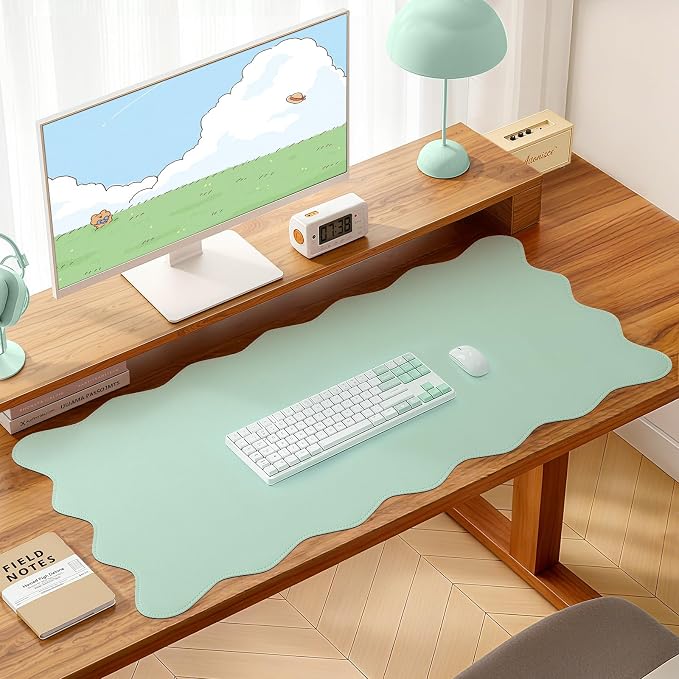 PU Leather Desk Pad, Scalloped Non-Slip Mouse Pad & Large Desk Mat Cover Stitched Edges Writing Pad for Office, Home - Waterproof, Easy to Clean, Durable Surface I 31.4"x15.7", Mint Green
