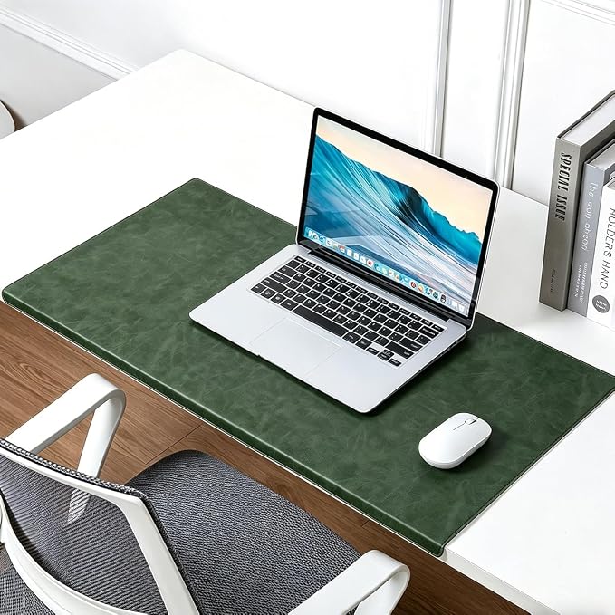 Edge-Locked Non-Slip Large Desk Pad with Edge Protector, Leather Office Laptop Mouse Mat Extended Table Protector, Desk Blotter for Writing Game Work Typing (Dark Green,31.5"x15.7")