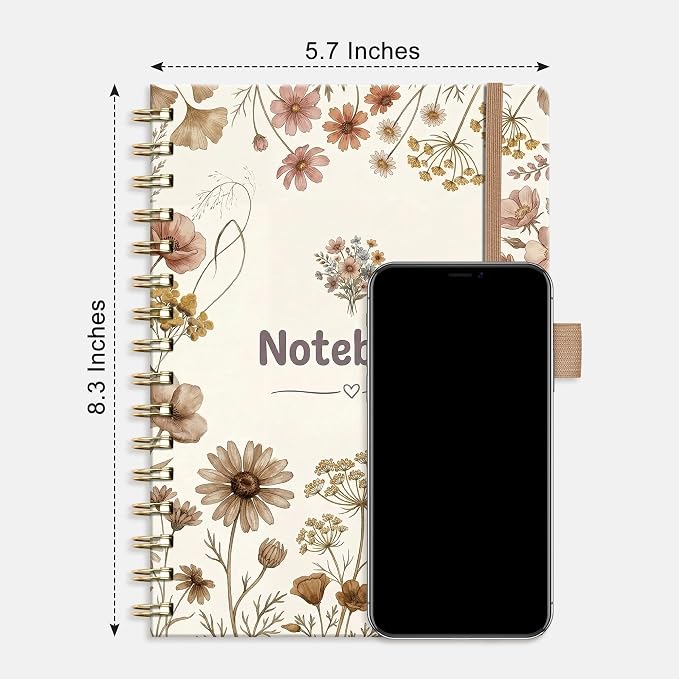 AHGXG Spiral Journal Notebook, 160 Lined Pages, A5 Size (5.7'' x 8.3'') | for Women, Journaling, Writing, Work & Office, Hardcover, 100 GSM Thick Paper (Warm Beige Floral)