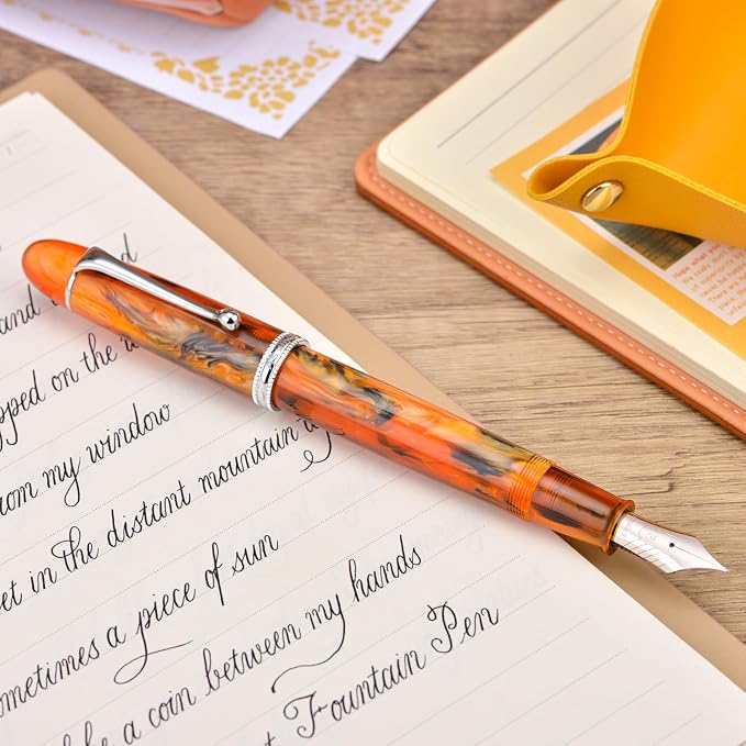 Asvine V800 Fountain Pen – Vacuum Filling System with Large Ink Capacity – Smooth Number 8 Fine Nib with Gift Case and Wrench- Amber Acrylic