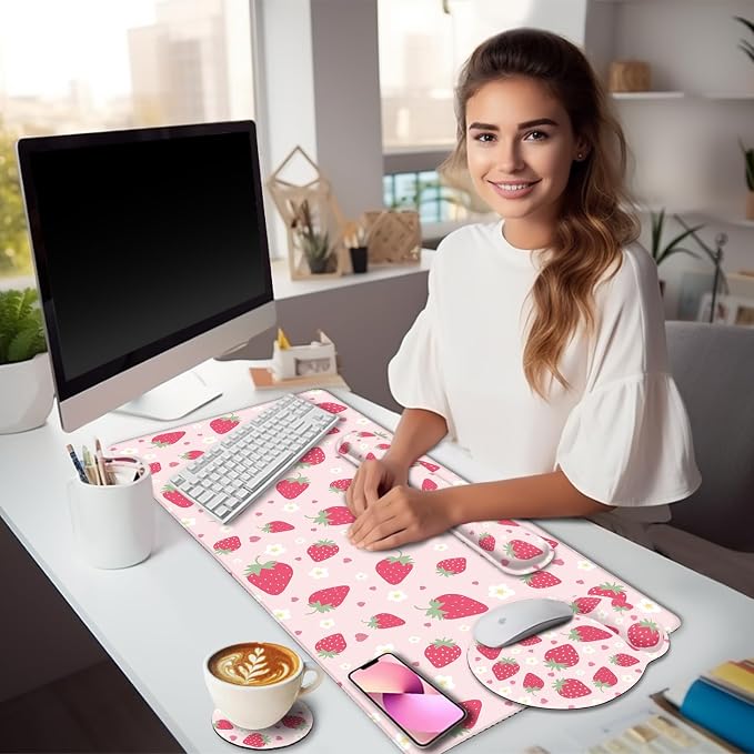 LIMKRIAN Strawberry Mouse Pad Large Desk Mat Set, Pink Ergonomic Mouse Pad | Wrist Rest for Computer Keyboard, Memory Foam Wrist Support, Coaster, Desk Pad, Cute Office Desk Decor Accessories Supplies