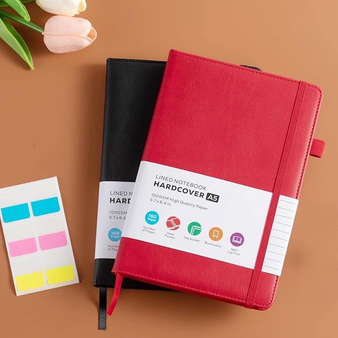 FOCUS DAY 2 Pack Notebooks Journals for Women/Men Work Writing, A5 Leather Diary Notebook with Pen Loop, 100GSM Lined Paper, Inner Pocket, for Gift, Office, School Supplies