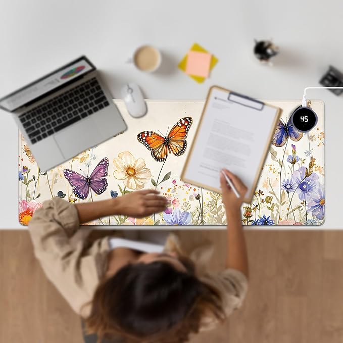 Heated Desk Pad Large Mouse Pad 31.5 x 13 inch with 3 Levels Heating & Auto Shut-Off Warm Mouse pad PU Leather Computer Mousepad for Home Office Work - Watercolor Butterflies and Flowers