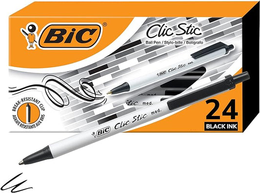 BIC Clic Stic Black Retractable Ballpoint Pens, Medium Point (1.0 mm), School Supplies for Students and Teachers, 24-Count Pack in Black