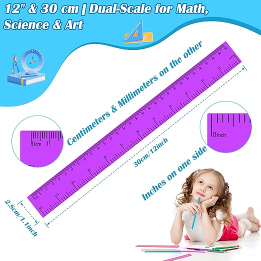 36 Pack 12 Inch Clear Purple Plastic Rulers Bulk, Transparent Metric Rulers with Centimeters and Inches, Straight Measuring Rulers for Back to School, Kids Classroom School Office Home Supplies