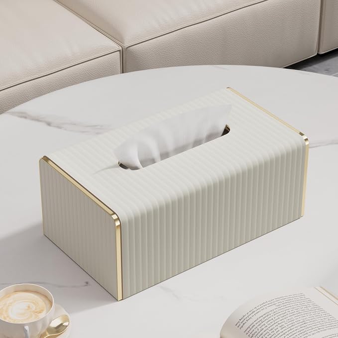 Tissue Box Cover,White Rectangle Leather Tissue Box Holder with Gold-Tone Edging Decoration,Decorative Tissue Cover for Bathroom Toilet Bedroom Living Room Table Desk Office (White, Rectangle)