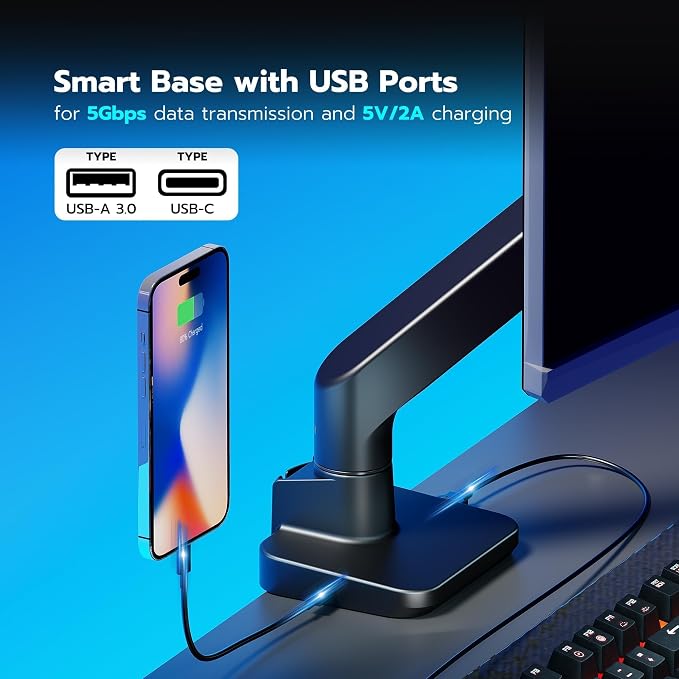 ARES WING Ultrawide Monitor Desk Arm with USB A/C for 17 to 49 Inch Screen | Pro Gas Spring, Full Range of Motion, for 75/100 Vesa Mount, for Samsung, LG Curved/Flat Monitor, Easy Install, Hold 44lbs