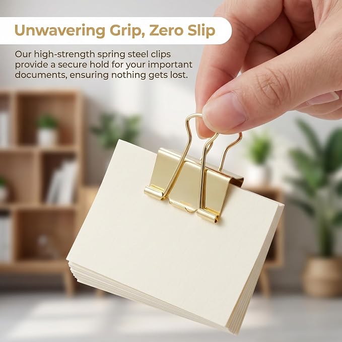 Gold Binder Clips, Assorted Sizes, 100 Pack | Solid Metal, Stainless Steel Handle, Office School Supplies