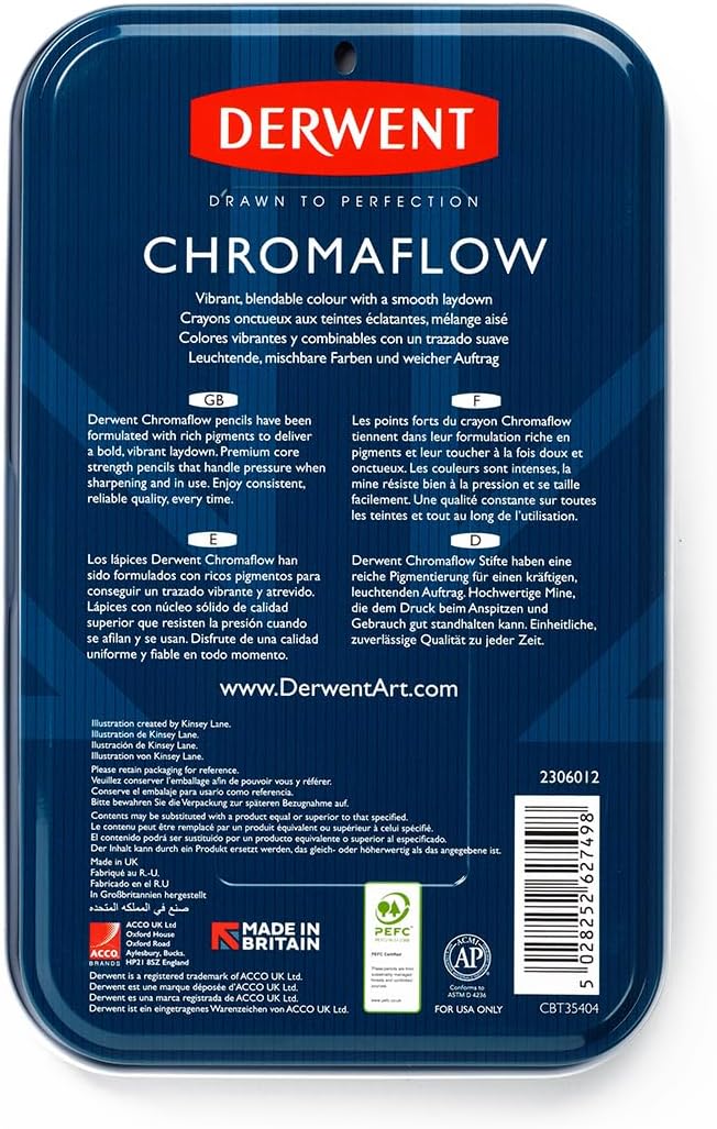 Derwent Chromaflow Colored Pencils 36 Tin, Set of 36, 4mm Wide Core, Multicolor, Smooth Texture, Art Supplies for Drawing, Blending, Sketching, Adult Coloring, Premier, Professional Quality (2306012)