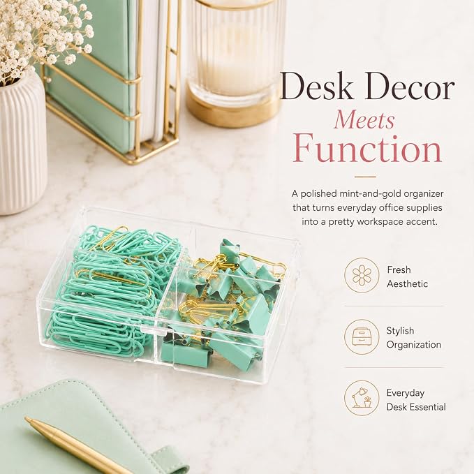 Green and Gold Paper Clips Binder Clips Set with Storage Box, 165 Psc, Assorted Size Decorative Office Clips, Cute Desk Accessories for School, Home Office, Planner, Journal and Documents