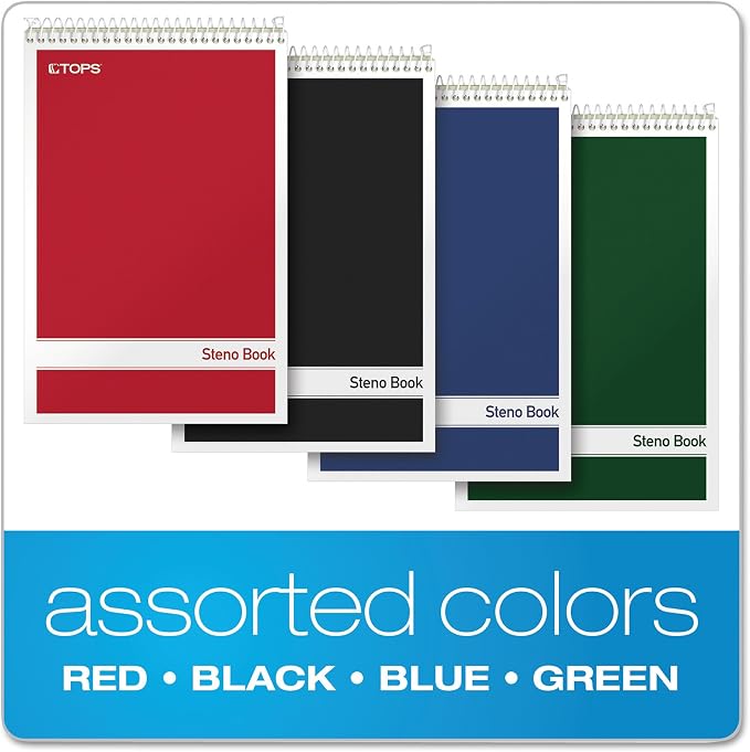 Tops Steno Books, 6" x 9", Gregg Rule, Green Tint Paper, Assorted Color Covers, 80 Sheets, 4 Count (80221) (Pack of 6)