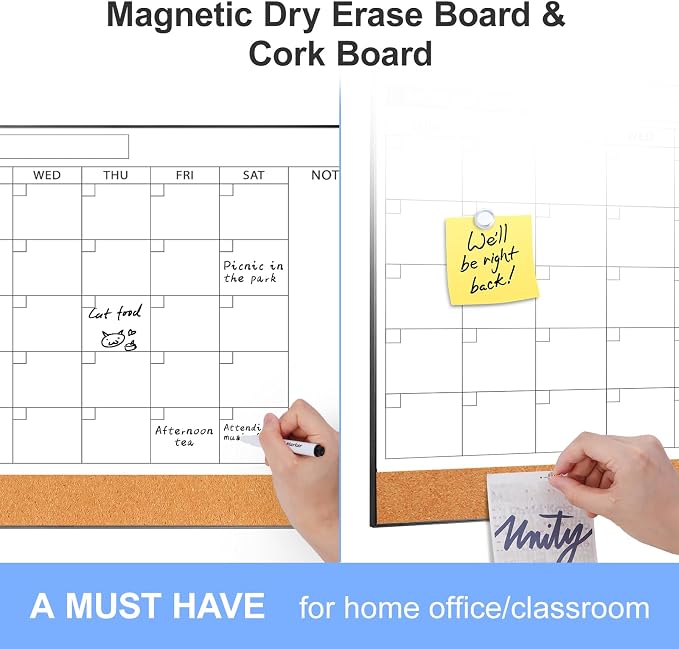 ARCOBIS Dry Erase Calendar with Cork Board for Wall, 11.6"x 15.7" Magnetic Calendar Whiteboard with Black Frame, Monthly Combination Board for School, Home, Office