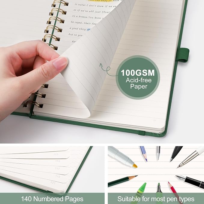 AHGXG Lined Spiral Journal Notebook, 140 Pages, A5 (5.7" x 8.3") | Journals for Women, Hardcover Leather Notebook College Ruled, 100 GSM Paper, for Work School Note Taking (Dark green)