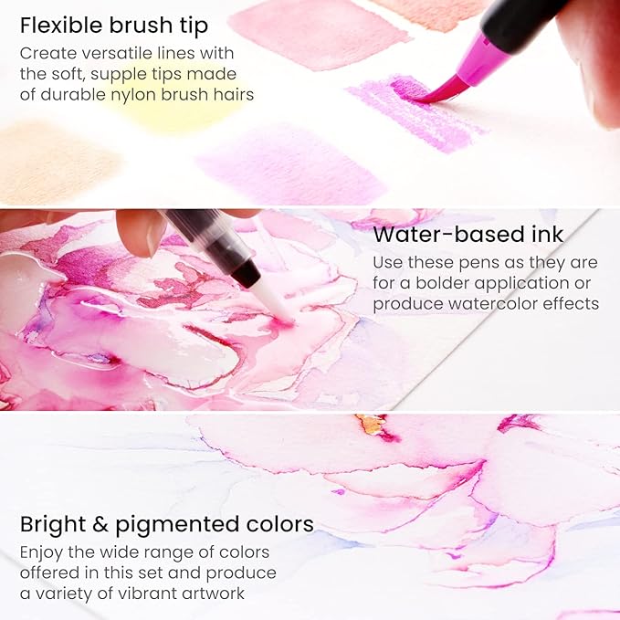 ARTEZA Real Brush Pens, 96 Colors, Watercolor Pens and Drawing Markers with Flexible Nylon Tips, Bonus Water Brush for Coloring, Sketching, Lettering and Art Journaling