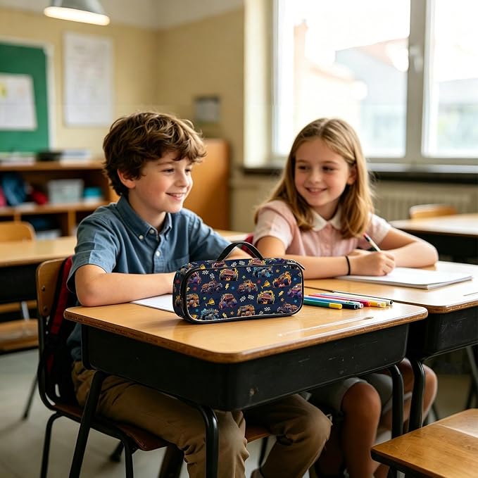 Monster Truck Pencil Bag for Boys, Large Capacity Kids Car Pencil Box with Zipper Compartments, Portable Pen Pouch Bag for Office School Travel