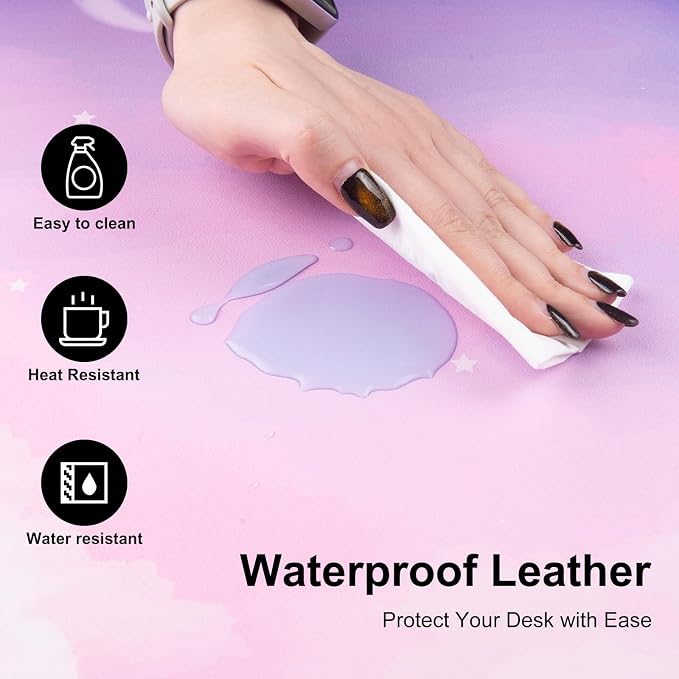 Colorful Star Pink Purple Cute Waterproof Desk Mat, 31.5" x 11.8" | Large Office Mouse Pad for Girls Women, Non-Slip Computer Gaming Keyboard Mat, Desk Accessories Décor for Work