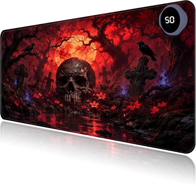 Large Heated Mouse Pad–31.5" x 13" Desk Mat for Office | 3 Adjustable Heat Levels,Auto Shut-Off After 3 Hours for Safety,Keeps Hands Warm While Working，Skeleton Tomb