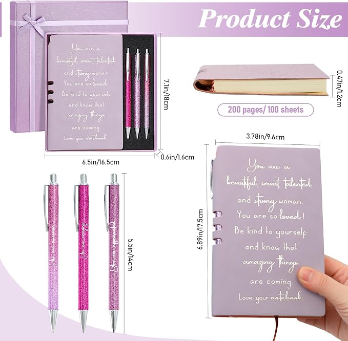 Resurhang 5 Pcs Inspirational Journal for Women Employee Appreciation Gift A6 Leather Journal Glitter Ballpoint Pen with Box for Back to School Teacher Coworker Female Secretary Nurse(Purple)