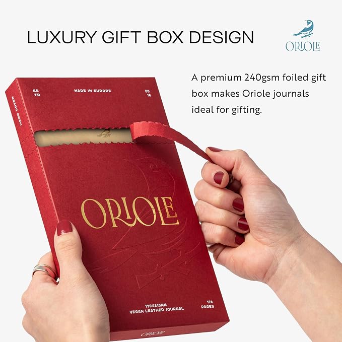 Oriole Vegan Leather Ruled Notebook - Walnut Cream | 176 Pages of Thick Lined Paper | Soft Touch Hardcover Journal (5 x 8 in) with Gold Foil Bird Design & Luxury Gift Box