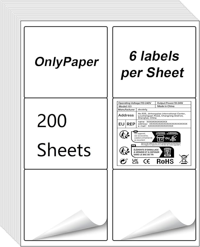 200 Sheets 6 UP Labels,Shipping Address Labels 3-1/3" x 4",Self Adhesive Sticker,FBA Labels,for Laser & Inkjet Printer Suits Personal & Business Needs (1200 Labels)