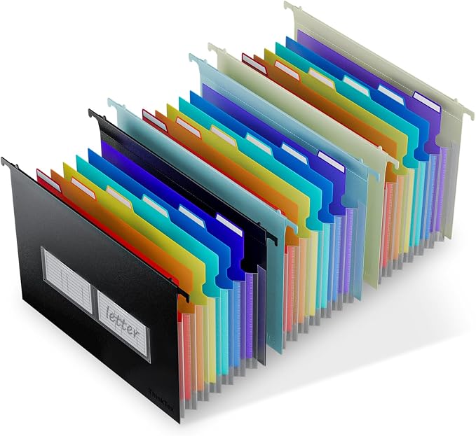 ThinkTex Plastic Expanding Hanging File Folders, 7 Innovative 1.2" Accordion Pockets, Large Capacity, Multi-Color Tabs, Letter Size for Filing Cabinet - 3 Packs 3 Colors
