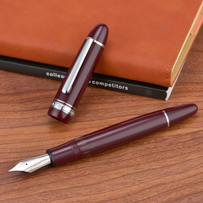 Yongsheng Junlai 930 Acrylic Fountain Pen, Size 9 Broad Nib with Piston Filling System, Wine Red Fence Ink Tank with Torpedo Shape Design Large Hand Pen (Silver Trim)
