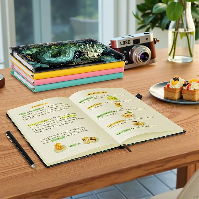 Hardcover Executive Notebooks, A5 PU Leather Lined Journal Notebook, 200 Pages Thick Paper Subject Notebooks for School,Work,Home Writing Business Notebook, Diary Book ， Green Dragon