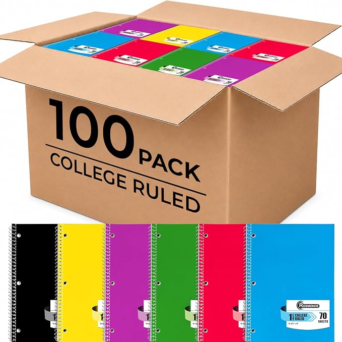 Rosmonde 100 Pack, 1 Subject Spiral Notebook College Ruled Bulk, 140 Pages (70 Sheets), Thick No-Bleed Paper, 8 x 10-1/2", 3 Hole Punched, College Ruled 1 Subject Notebook Bulk, Bulk Subject Notebook