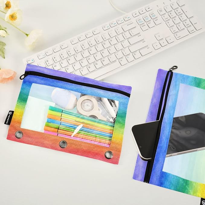 ALAZA Pencil Pouch for 3 Ring Binder, Colorful Stripe Rainbow Binder Pencil Pouches with Clear Window Zipper Pencil Case Cosmetic Bags for Office College Supplies, 2PCS