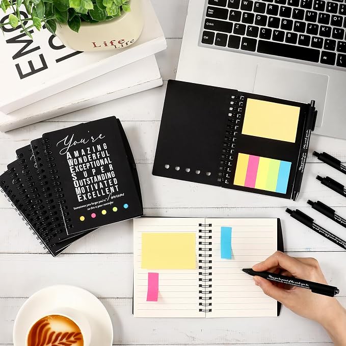Jetec 20 Pcs/10 Sets Back to School Teacher Gifts Motivational Spiral Notebook with Sticky Notes Pen Bulk Inspirational Journals Thank You Gift for Employee Coworker Birthday Party (Black)
