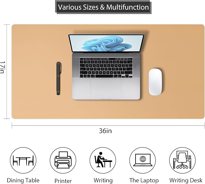 Mouse Pad Desk Protector Mat, Large PU Leather Office Desk Mat, Non-Slip Desk Pad for Keyboard and Mouse, Waterproof Desk Blotter Pad for Writing, Wide & Smooth Laptop Desk Pads, Khaki (17’’X36’’)