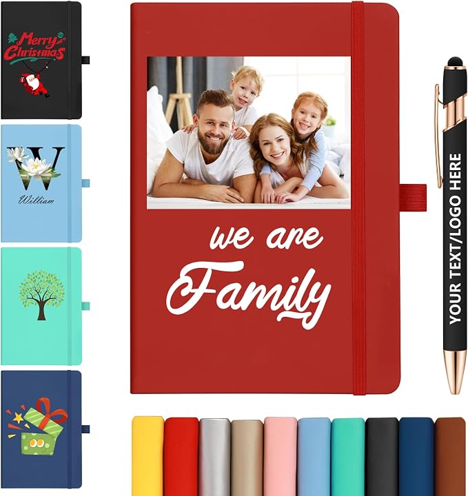 ENOMY Personalized Notebook &10 PC Pens Set A5 Journal Hardcover Custom Notebook 200 Lined Pages Business Notebook with Pen Holder for Holiday College Birthday Business Gift, Red