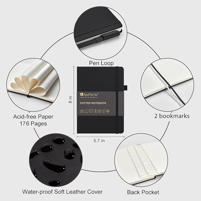 &And Per Se Dotted Notebook, A5 Hardcover with Journal Dotted Pages, Journal Stencils & Pen, 176 Numbered Pages for Beginners Women Men (Black)