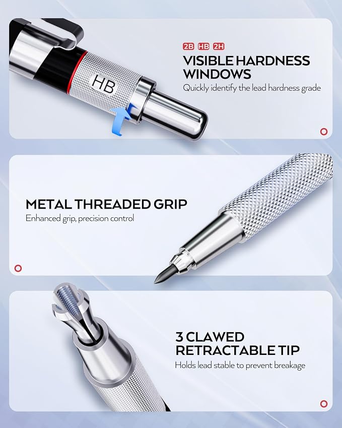 Nicpro 6PCS Art Mechanical Pencil Set, 3PCS Metal Drafting Pencil 0.5 mm & 0.7 mm & 0.9 mm & 3PCS 2mm Graphite Lead Holder (2B HB 2H) For Writing, Sketching Drawing With Lead Refills Case