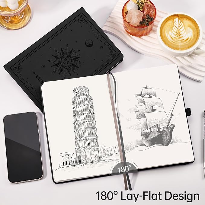 EMSHOI Blank Journal Notebook, 192 Pages, A5 Size (5.7'' x 8.3'') | Leather Hardcover, 100 GSM Thick Paper, Unlined, Plain, for Sketching, Drawing, Painting, Sun Debossed (Black)