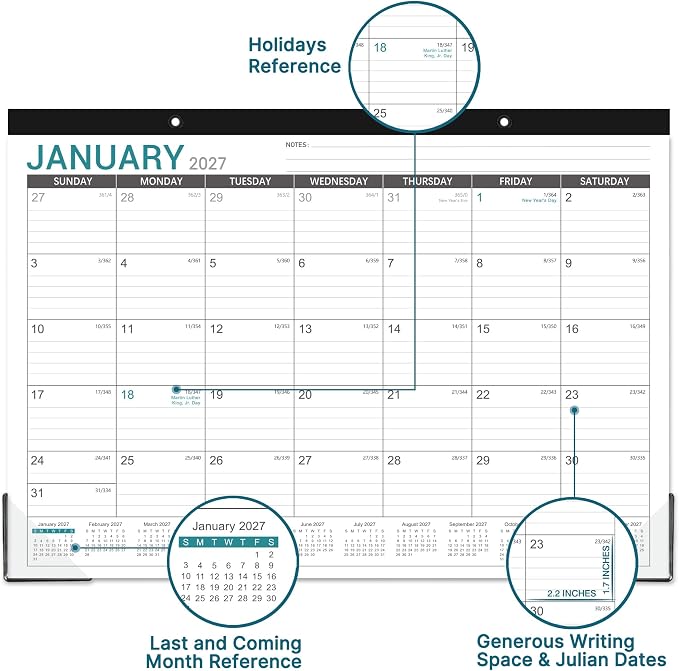 2026-2027 Desk Calendar - Desk Calendar 2026-2027, 17"x12" Desktop Calendar, Jul. 2026 - Dec. 2027, Corner Protectors, Large Ruled Blocks