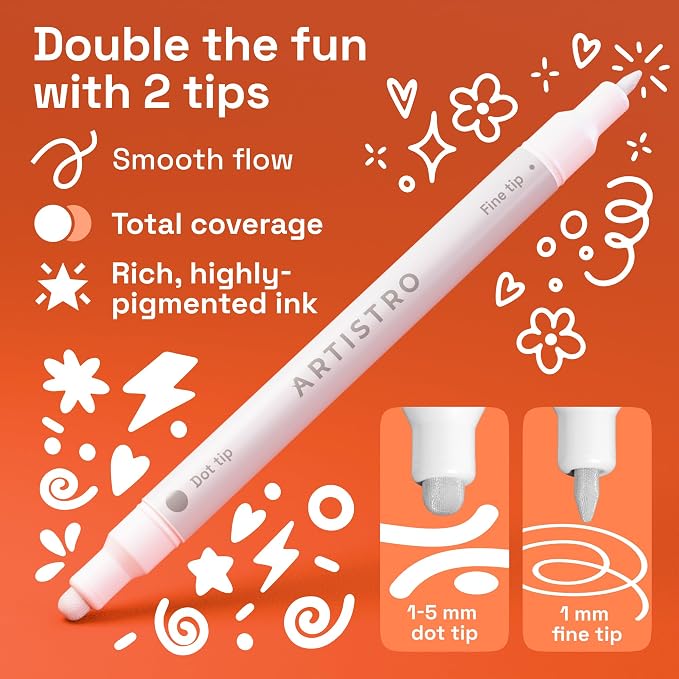 ARTISTRO 5 White Dual-Tip Acrylic Paint Markers – Paint Pens Set with Dot & Fine Tips for Fabric, Rock, Glass, Wood, Coloring Books – Arts & Crafts Gift – Classroom Must Haves & School Supplies