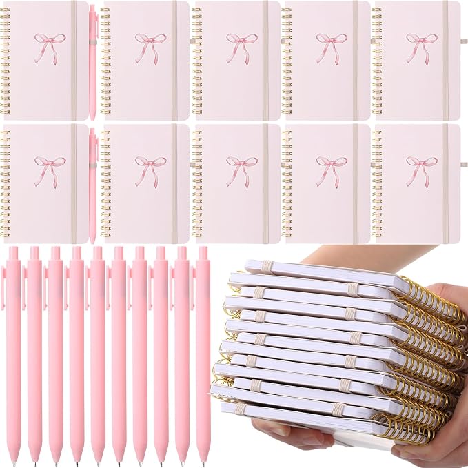 Fulmoon 24 Set Pink Bow A6 Spiral Notebook with Ballpoint Pens 50 Sheets, 4"x 6" Small Bow College Ruled Coquette Notepads Journaling Notebooks Bulk for Back to School Supplies Offices Team Gifts
