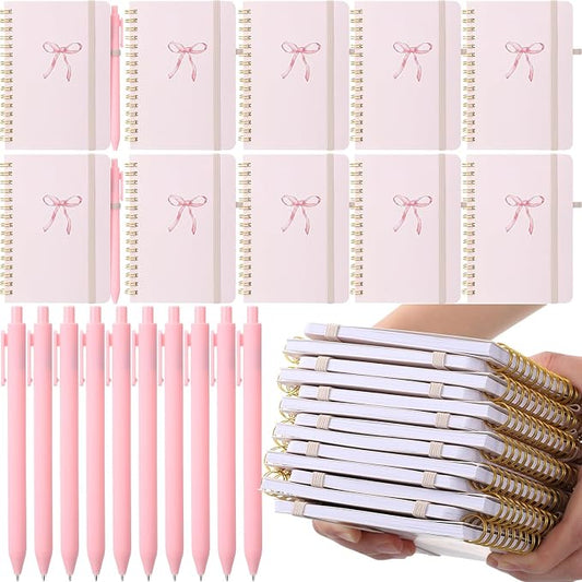 Fulmoon 24 Set Pink Bow A6 Spiral Notebook with Ballpoint Pens 50 Sheets, 4"x 6" Small Bow College Ruled Coquette Notepads Journaling Notebooks Bulk for Back to School Supplies Offices Team Gifts