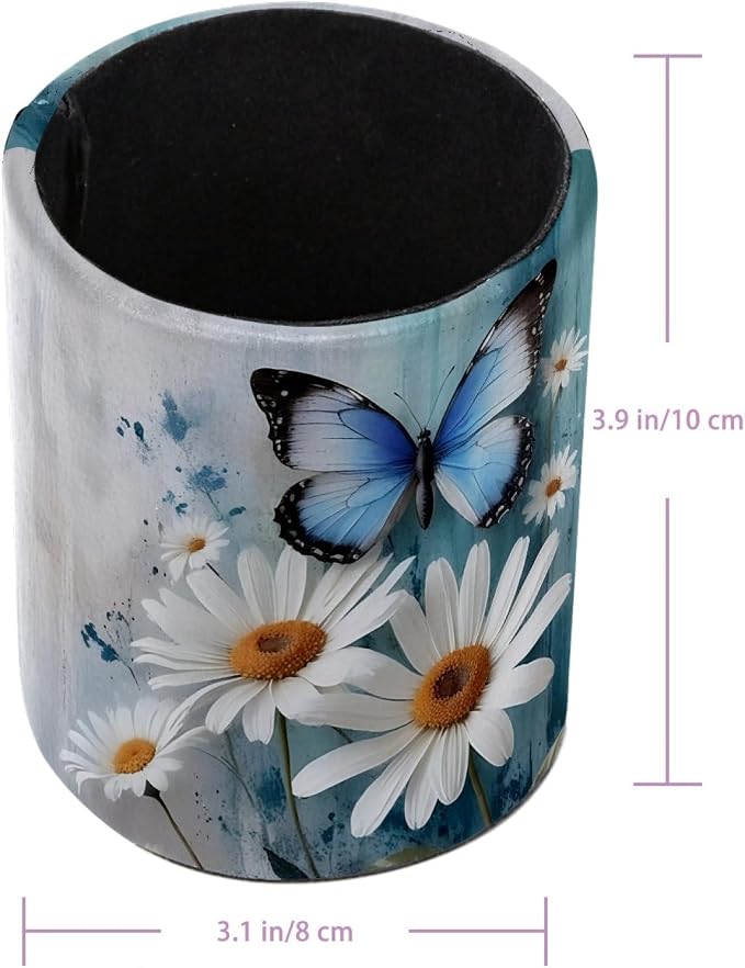 Rural Daisy and Butterfly Leather Pen Holder for Desk, Multifunctional Desktop Organizer Pencil Cup, Desktop Caddy Stationery Organizer for School Home Office Desk Accessories