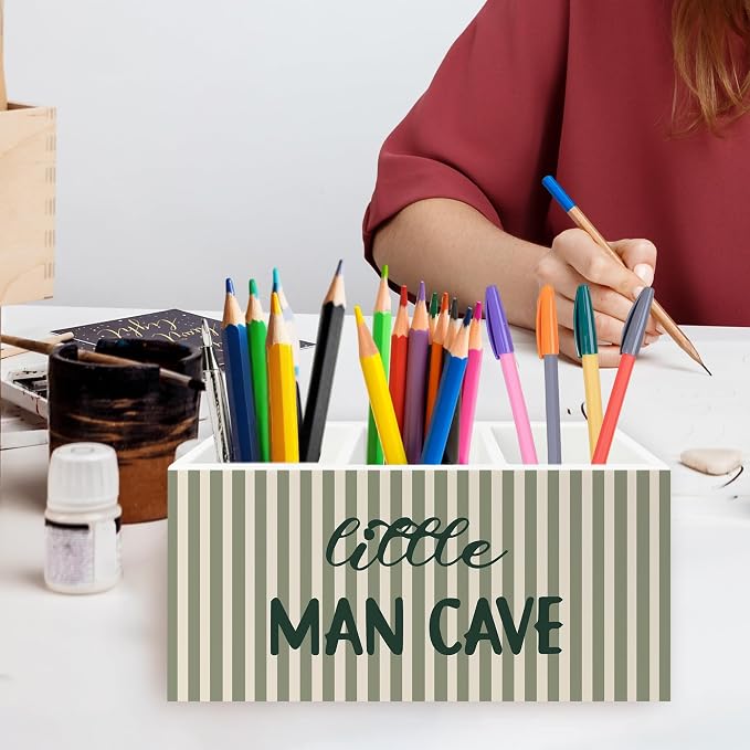 Boy Nursery Decor Pen Pencil Holder Organizer for Desk, Sage Green Striped Little Man Cave Wooden Box Signs Decorations for Kids Boys Room Bedroom Playroom Desk Tabletop, Boys Room Decor