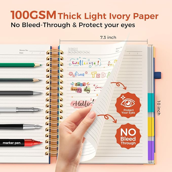 Line Hardcover Spiral Notebook with Removable Dividers Tabs & Ruler, 5 Subject Notebook College Ruled, 300 Page, Large 8"x10" B5 Notebooks for Work School, Lined Journal for Women, Noble Blue