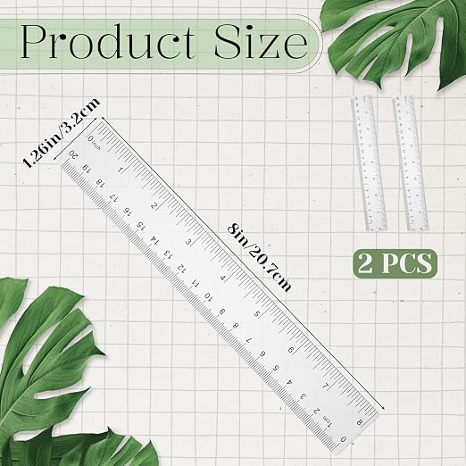 Clear Plastic Ruler, 2 Pack 8 Inch Shatterproof Ruler with Inches and Centimeters, Transparent Straight Ruler for School Classroom, Home, or Office