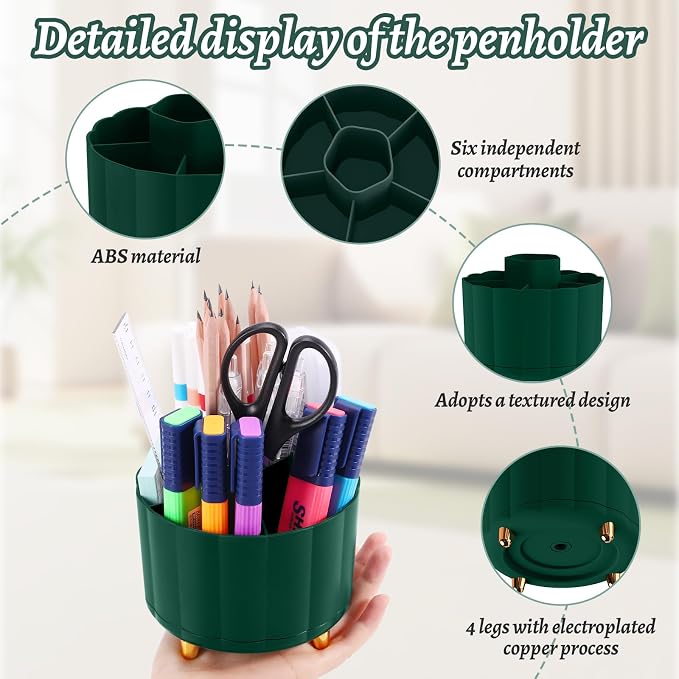 Desktop Organizer 360 Rotating, with 6 Slots Pen & Pencil Holder, Desk Caddy for Markers, pen, pencil, Space Saving Office Organization, Small Desk Essentials, Work Home, Green