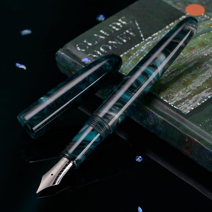 Asvine C80 Fountain Pen #8 Fine Nib Large Handcraft Pen with Converter Pen Case Collection Set (Green Ripple)