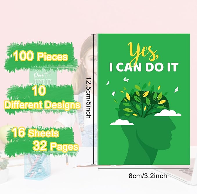 100 Pcs Mini Mental Health Notepads Small Memo Pad Notepads Bulk Mental Health Awareness Green Ribbon Pocket Notebooks, 10 Styles