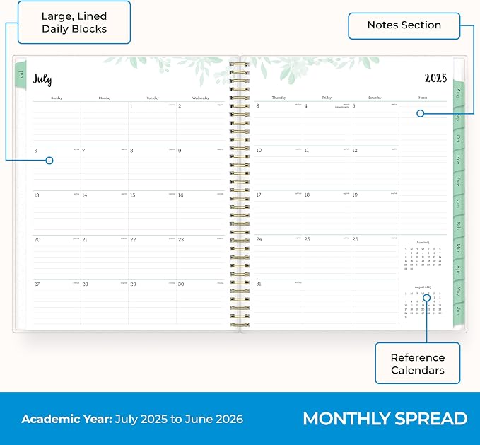 Blue Sky 2025-2026 Weekly & Monthly Academic Planner, 8.5"x11", Laurel | July 2025 - June 2026, Flexible Cover, Wirebound, Laminated Tabs, Storage Pocket, Academic Year